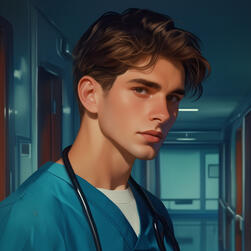 A brown haired white man, short hair, wearing scrubs, hospital corridor background.