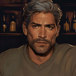 An older Hispanic man in his fifties, grey short wavy hair, short grey beard, short black mustache, stern expression, wearing a beige sweater, bar background.