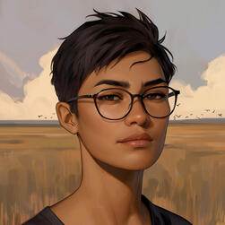A Vietnamese woman in her early thirties, short cut black hair, black eyes, large round wire frame glasses, looking to the side, ambiguous slight smile, empty field background with distant flock of crows behind her head.