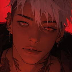 A young white man, white messy short hair on top, shaved black sides, dragon-like tattoos on neck, heavily pierced ears, sultry neutral expression, red background.