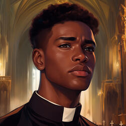 A young Black man in his late twenties, short dark brown coiled hair, wearing a white Catholic priest collar and black clerical shirt, looking up and to the right, slightly worried expression, church background.