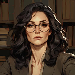 An older white woman, long flowing wavy black hair, black glasses with flattened top and rounded bottom frame, dark neutral lipstick, weary and wry expression, library background.