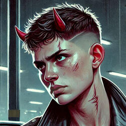 A brunette white woman with short cut hair and shaved sides, small red devil horns, light scratches on face and neck, intense expression, car park background.