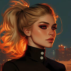 A blonde white woman with crimson eyes, high ponytail, cold expression, night time city visible behind her.